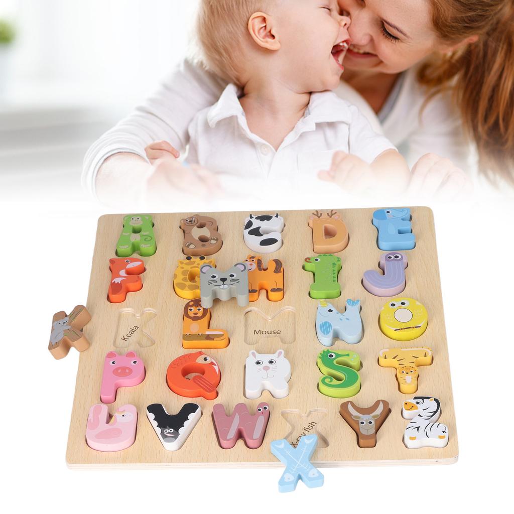 Dřevěná abeceda Puzzle hračky Kreslený zvířecí vzor Rozpoznávání písmen Puzzle Vzdělávací hračky