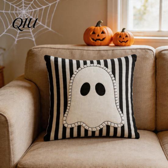 Washable Decorative Pillow Covers Halloween Ghost Cushion Cover, Spooky Skull Throw 18x18 Cases Inch Case for Living Room Sofa Couch Decor Farmhouse
