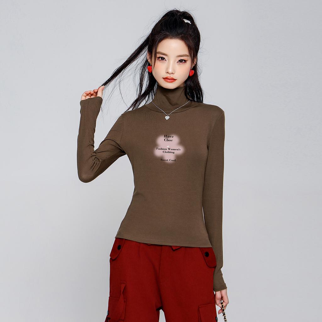 Autumn Solid Color Sweet Printed T-shirt with Gentle Temperament, Paired with Slim Fit Long Sleeved Top