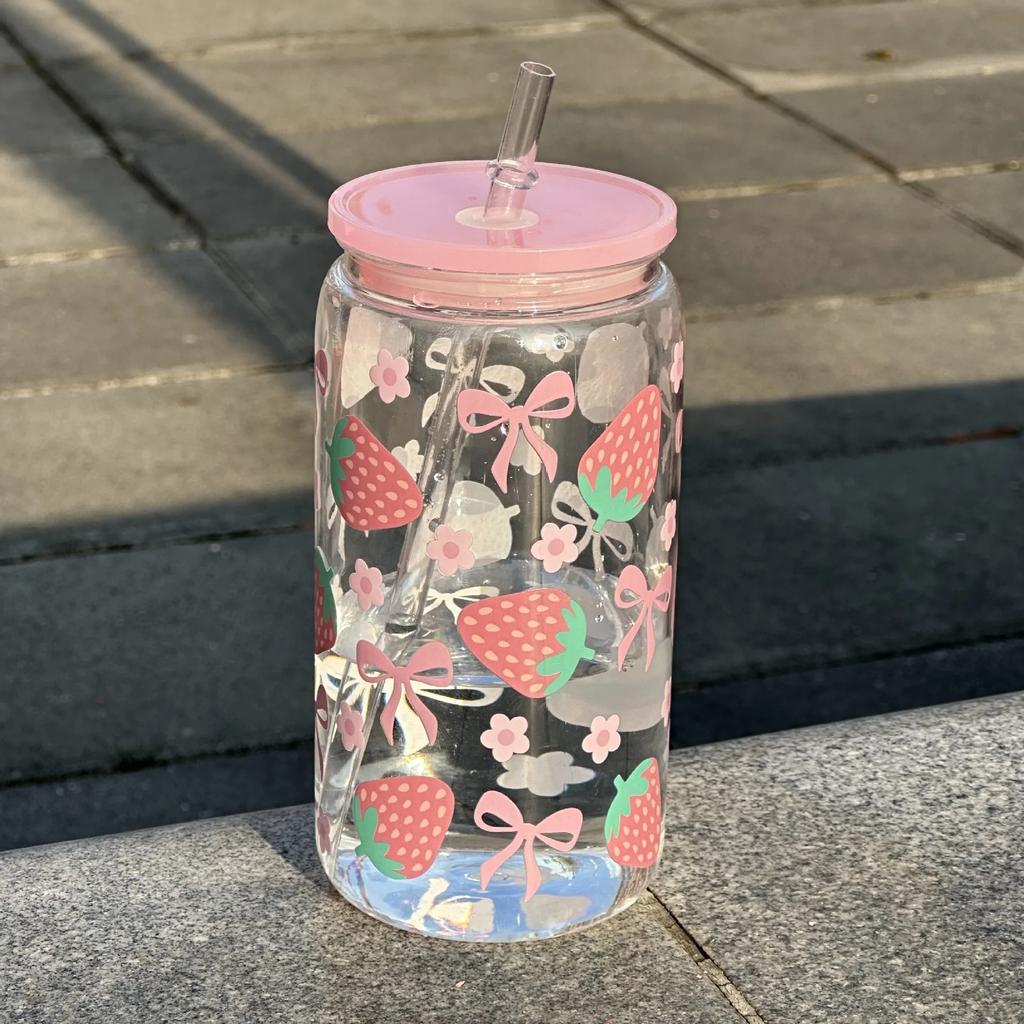 500ml Pink Bow Print Water Bottle Mason Jar Shaped Water Bottle With Lids Plastic Cup Pink Bowknot Tumbler Cup Coffee Juice Cup