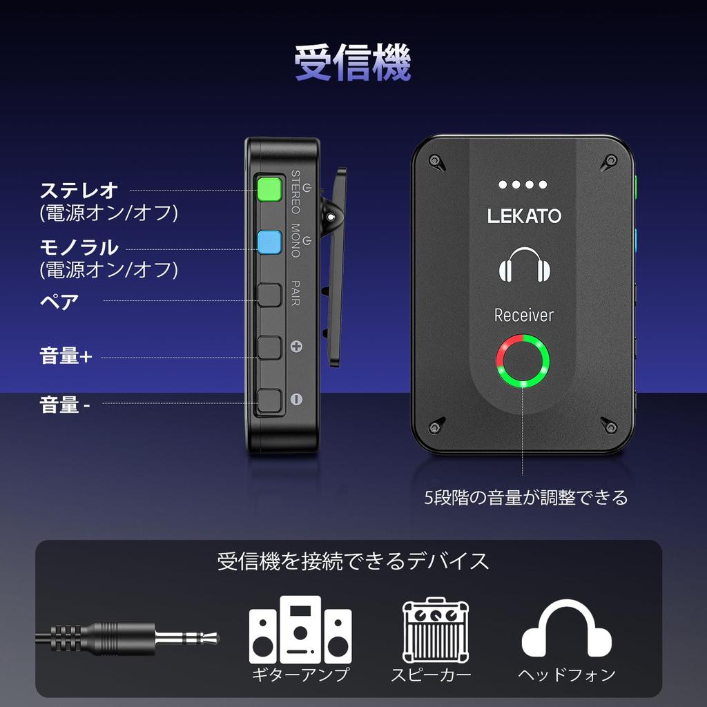 LEKATO Drahtloses In-Ear-Monitorsystem mit geringer Latenz, Mono-Umschaltung, Ein-Tasten-Stummschaltung, Wiederaufladbar, Automatische Kopplung, Sender und Empfänger für Live