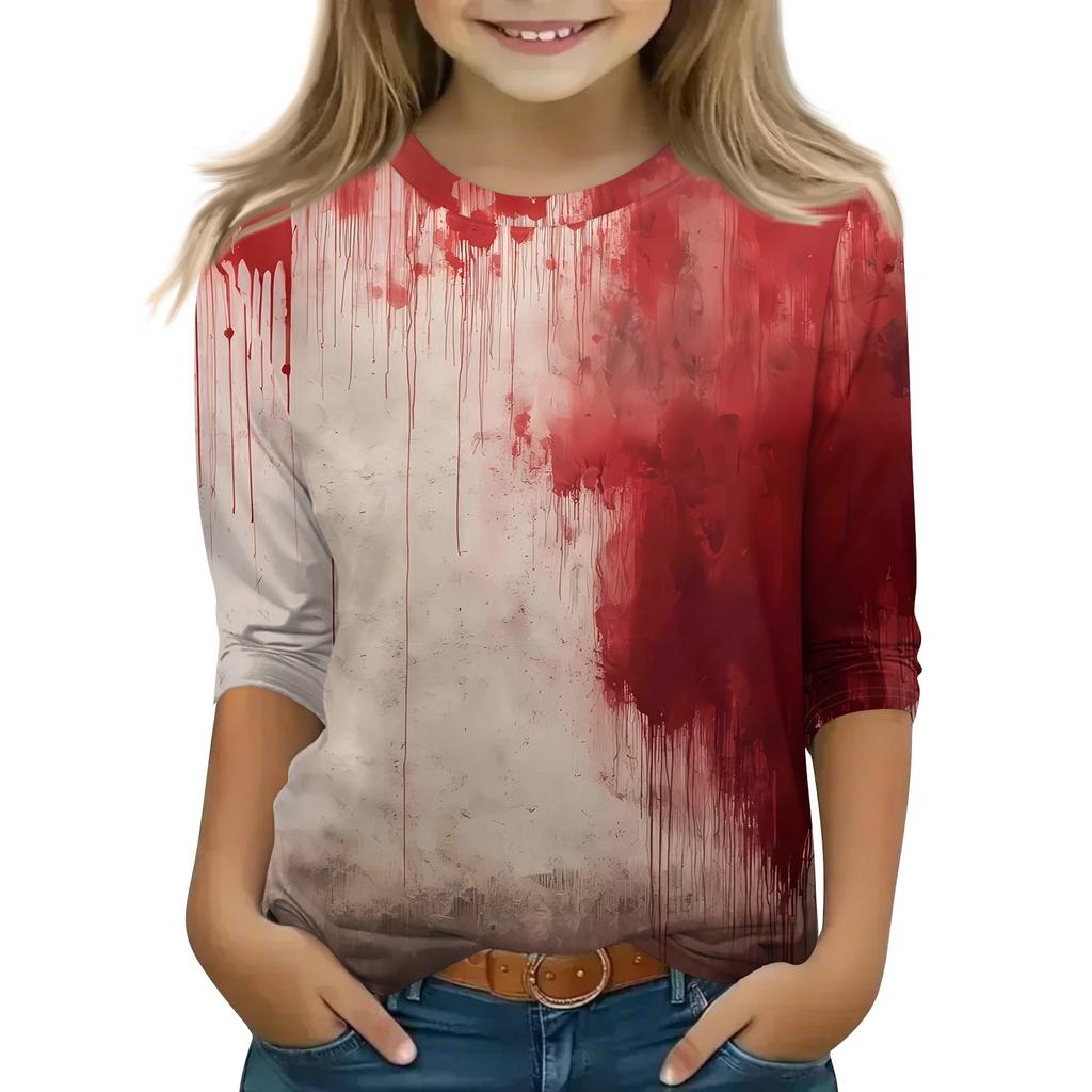 Kinder 3/4-Ärmel Tops Lässiges Halloween-Print T-Shirt Rundhals Pullover Bluse