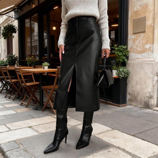 Jupe Rétro Automne Hiver Faux Cuir Jupe Taille Haute avec Fentes Latérales Couleur Unie Coupe-vent Jupe Midi