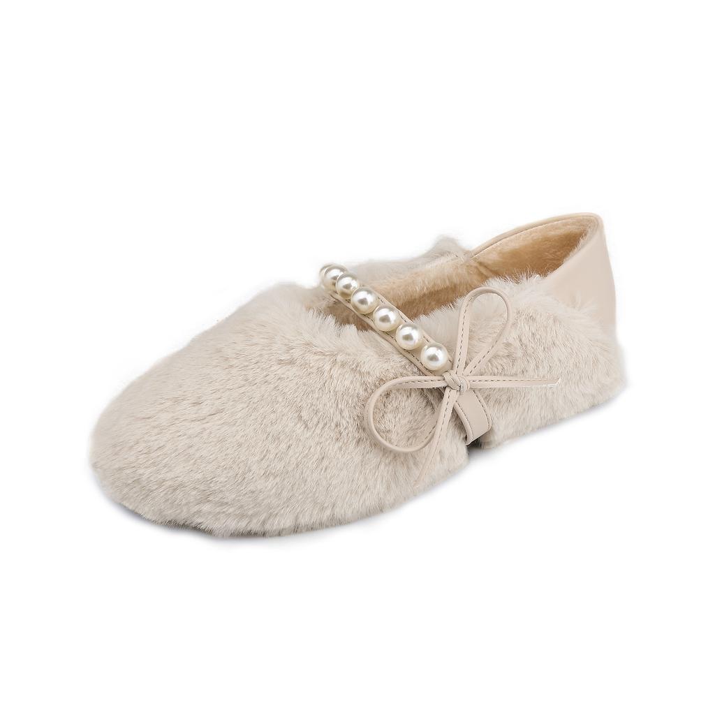 Winter new Mary Jane plush plush shoes women's pearl fashion versatile thermal shoes back plush casual flat cotton shoes