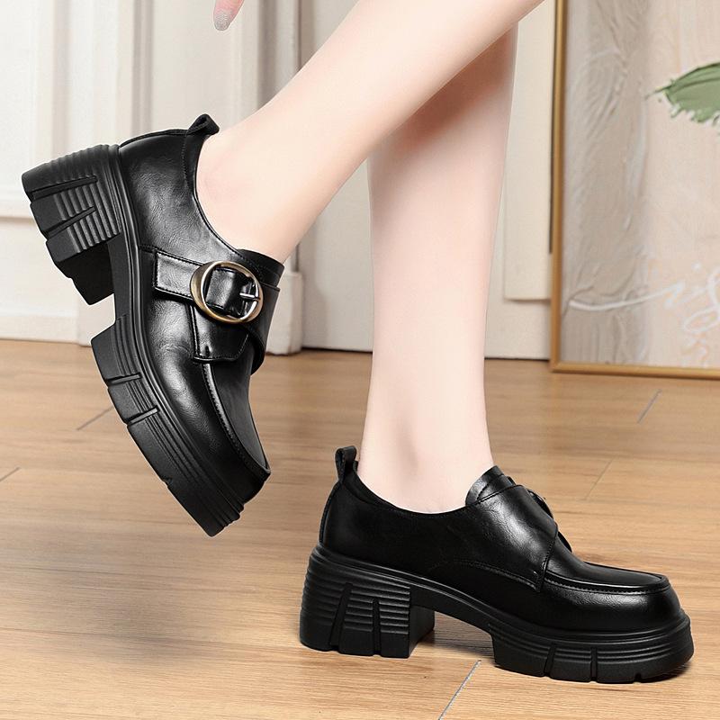 6cm British Style Deep Mouth Buckle Thick Bottom Platform Shoes Women Loafers 2025 Spring Med Block Heels Shoes Leather Office