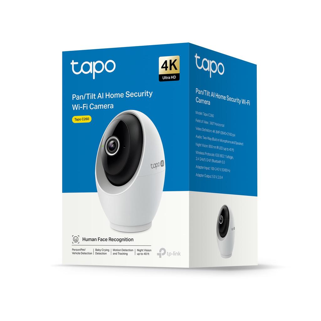 TP-Link Tapo C260/A Pet Camera/Baby Monitor with Face Recognition, AI Face Detection, 4K 8MP 8 Megapixels, Two-Way Audio, Pan/Tilt, 360° Panning, AI D