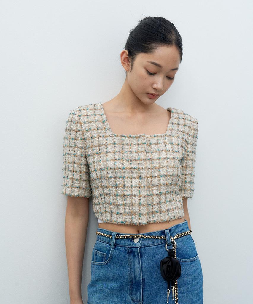 Make A Toast Square Neck Tweed Jacket Beige Mbesjk001Be