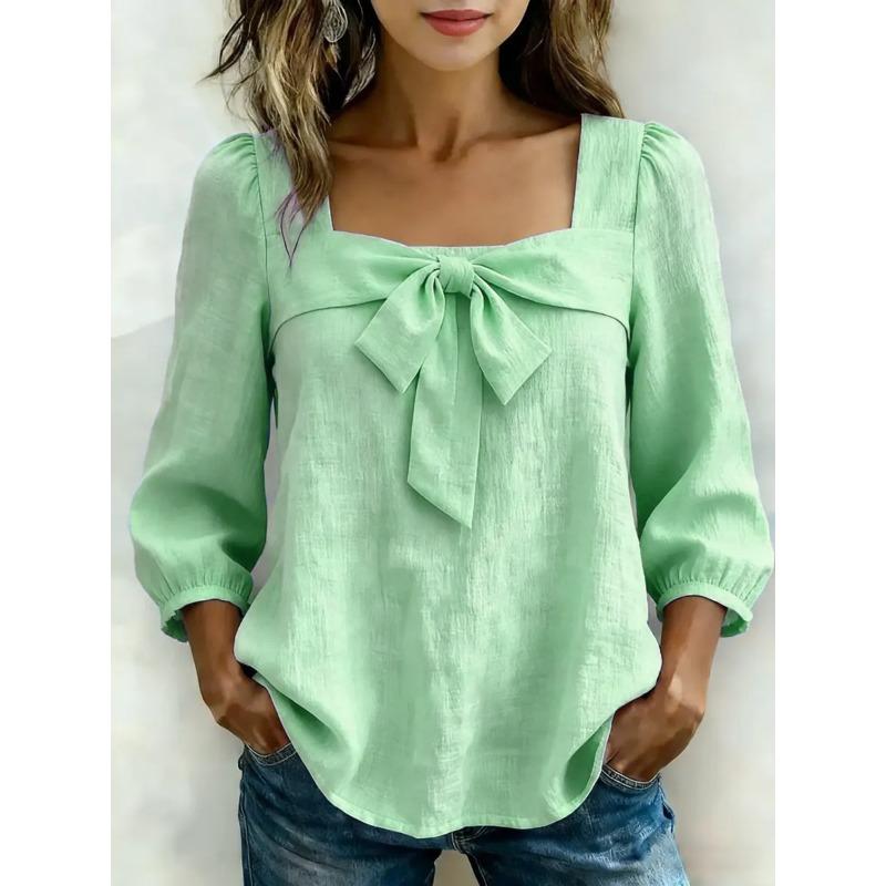 TIFICY Women's Fashion Casual Spring Autumn Solid Color Print Long Sleeve Square Collar Blouses & Shirts