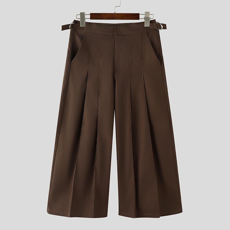 INCERUN Men Casual Zip-up High Waist Long Pleating Wide Legs Pants Trousers