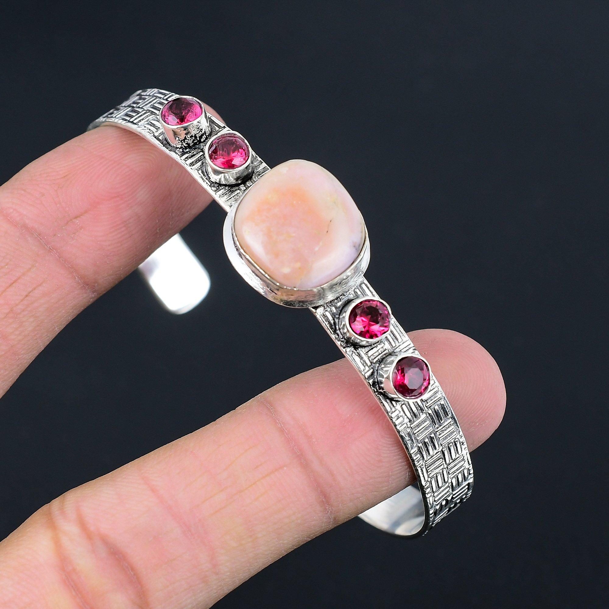 

925 Silver Natural Pink Opal Rubillite Anniversary Mother Wedding Bangle Jewelry Adjustable