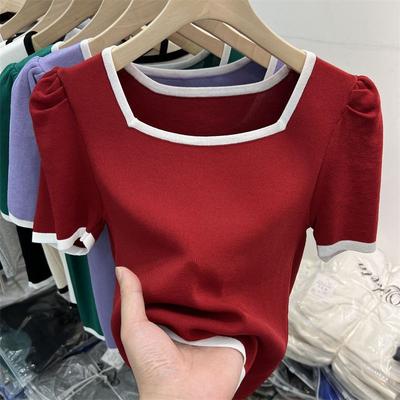 Bomull Firkantet hals Kontrast krageben Slim Fit Kortermet T-skjorte Topp Sommer Nytt Design Skjorte Dame