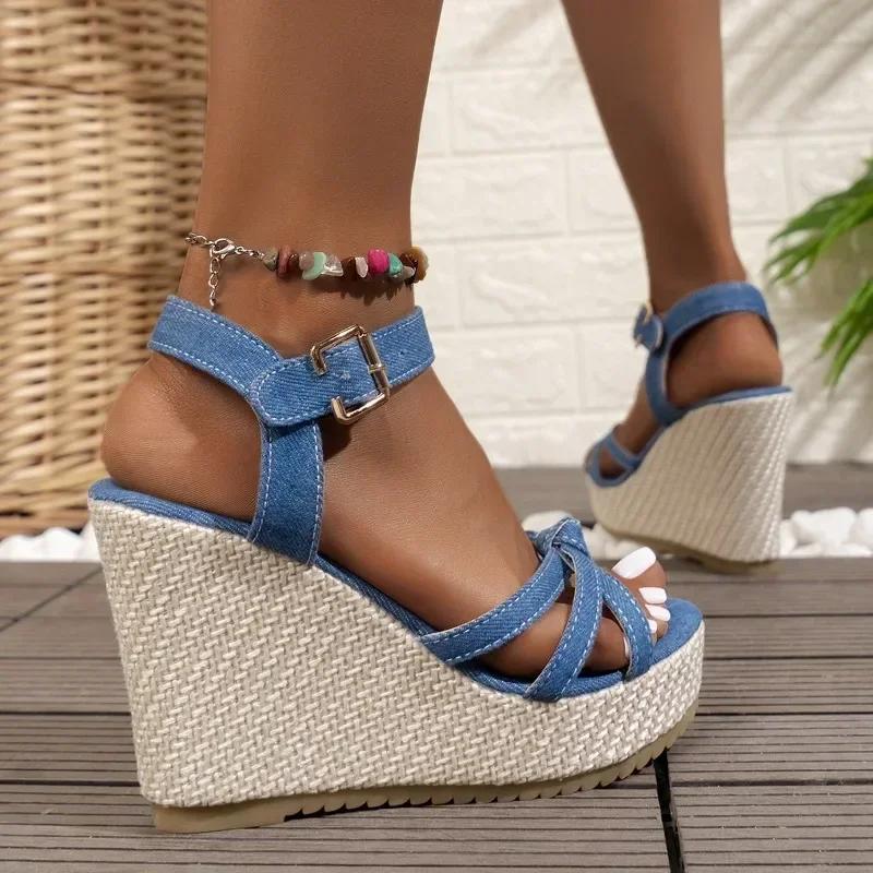 Summer Slope Heel Buckle Open Toe Wedge Ultra High Heel Women's Sandals 2024 One Line Buckle Sandals Women Shoes  Heels