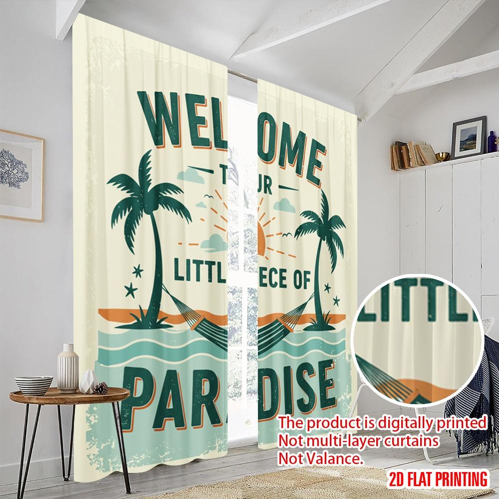 2 Stück 2D Flachdruck Fenstervorhänge Willkommen Kleines Stück Paradies Polyestergewebe Ohne Strom Festliche Feiertage für Zuhause