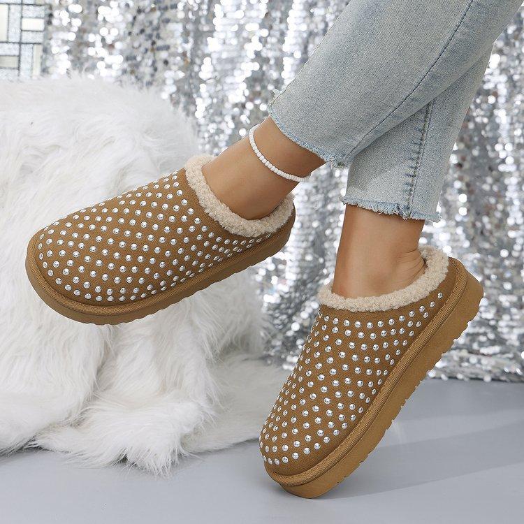 Fashion Women's Cotton Slippers Winter New Fashion Rhinestone Thicken Warm Home Shoes Lightweight Comfortable Outdoor Non Slip Flats