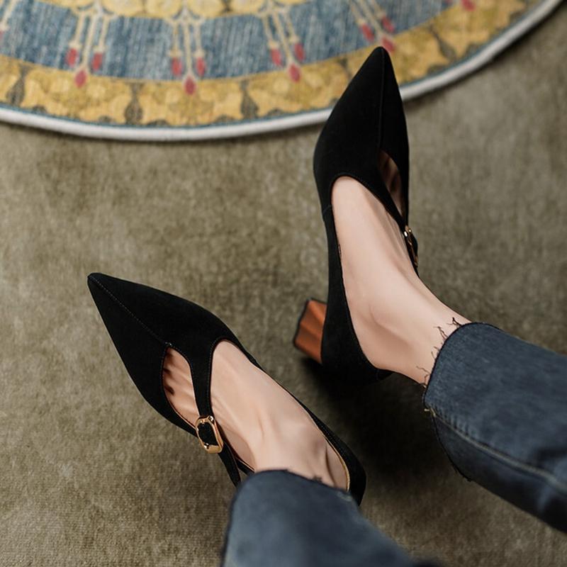 Fashion 2025 Spring Women Shoes Pointed Toe Chunky Heel Women Pumps Sheep Suede High Heels Belt Buckle Shoes for Women zapatos de mujer