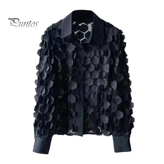 Women Summer Chiffon Shirt Lapel Lantern Long Sleeve Shirt Tops 3D Floral Print Semi-Sheer Mesh Splicing Single Breasted Blouse