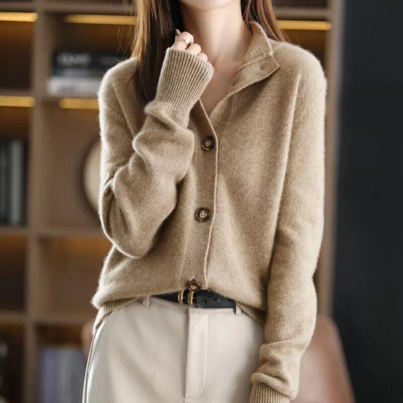 Women's Spring and Autumn Retro Solid Color Knitted Cardigan Stand-up Collar Casual Loose Short Temperament Jacket