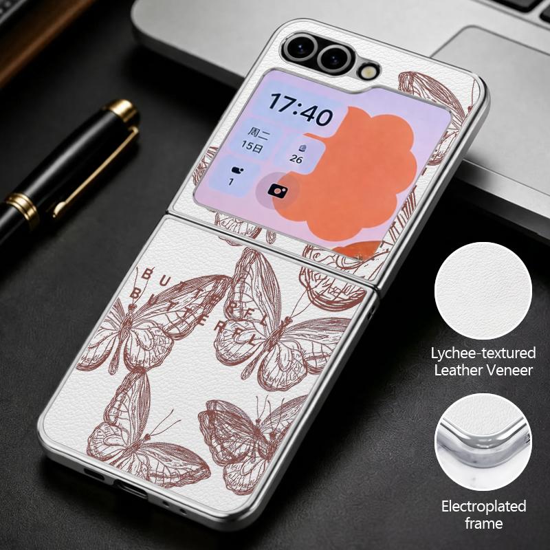 Line Butterfly Print Case For Samsung Z Flip 8 7 6 5 Luxury Plating Leather Skin Folding Phone Cover For Galaxy Z Flip8 Flip7 Flip6