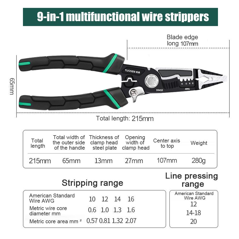 9 In 1 Wire Strippers Cutter Multi-function Nippers Sharp-nosed Peeling Pliers Electric Cable Stripping Electrician Crimpingtool