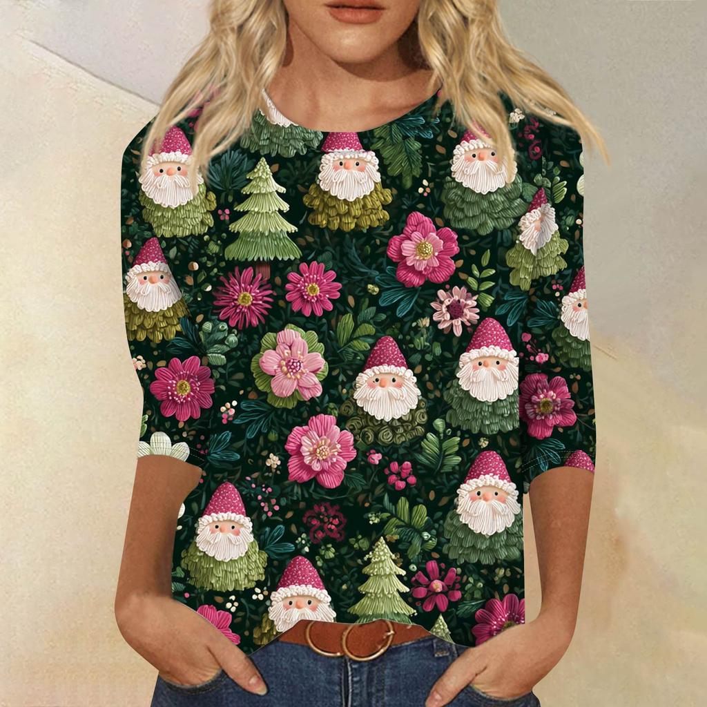 Damenmode, lässig, Rundhalsausschnitt, 3/4-Ärmel, lockeres bedrucktes T-Shirt, Damen-Top