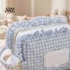 Portable Baby Wipe Dispenser Quilted Diaper Wipes Bag with Hanging Strap, Dual Compartment Zipper Plaid Ruffle Storage Pouch Bag, Large Capacity