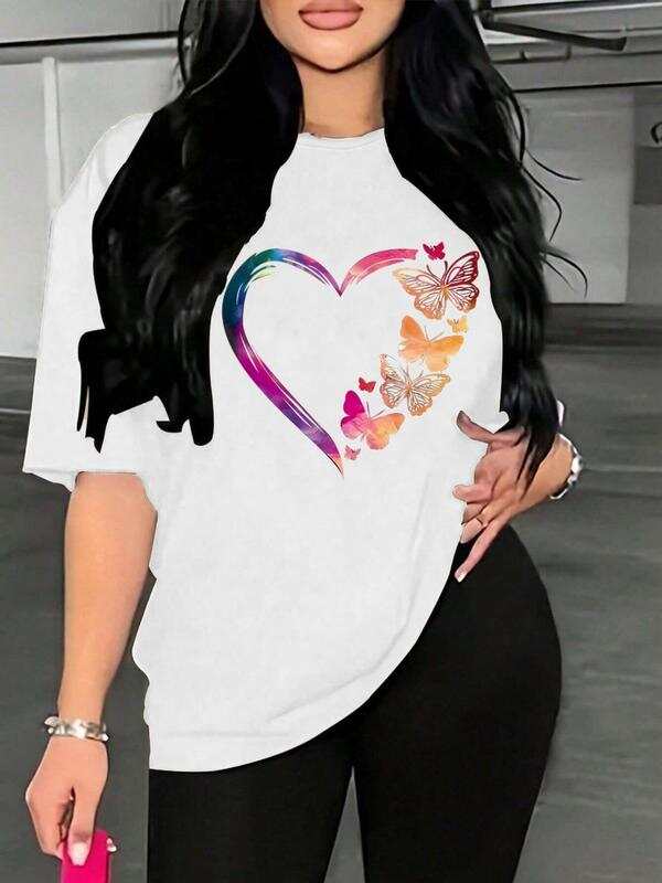 Unisex s Butterfly & Heart Print Drop Shoulder T-Shirt, XXL