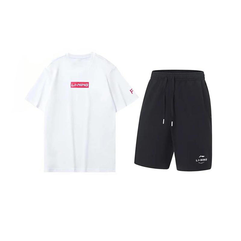 

Li-Ning Простая Модная Футболка Пуловер с Коротким Рукавом и Принтом Логотипа в Виде Букв с Круглым Вырезом Повседневный Спортивный Комплект Унисекс Топы YHST173-2+AKST543-3 S