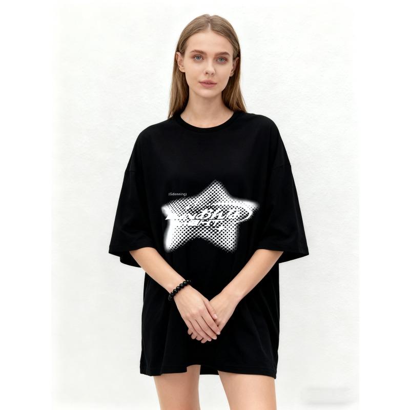 Oversized T Shirt Black Star Graphic Print With Text Casual Wear For Women