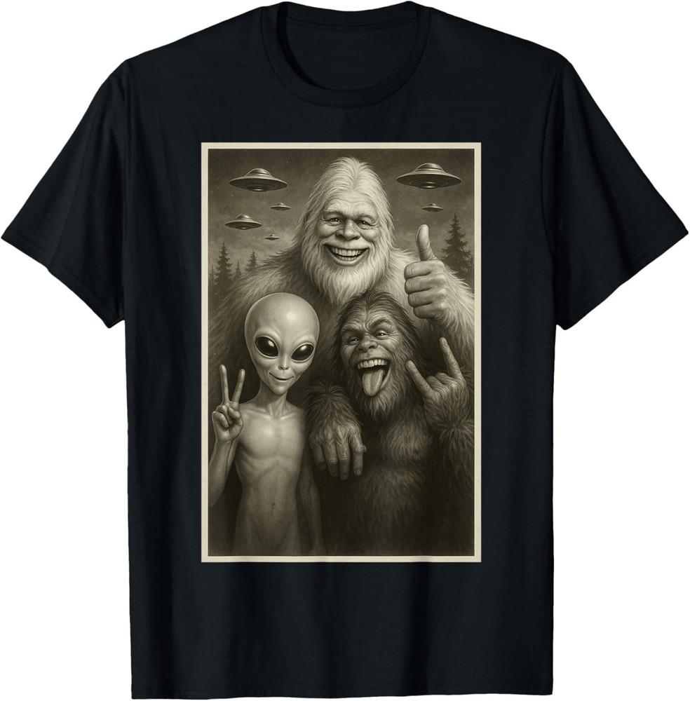 Funny Bigfoot Alien amp Yeti Sasquatch Rock On UFO Handsign TShirt Unisex T-Shirt M