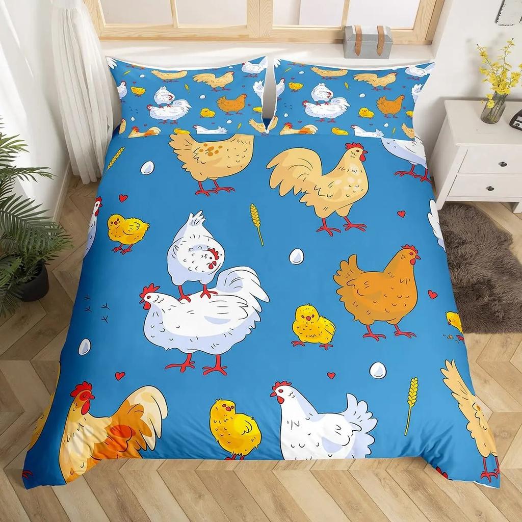 Cute Chicken Duvet Cover King Queen Colorful Rooster Bedding Collection Farm Animal Comforter Cover Funny Rustic Farmhouse Quilt Cover