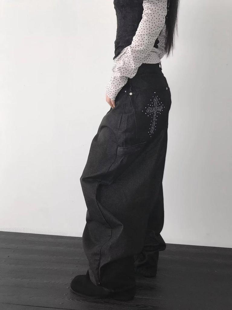 Y2K Retro High Street Hip Hop Cross Pattern Denim Pants
