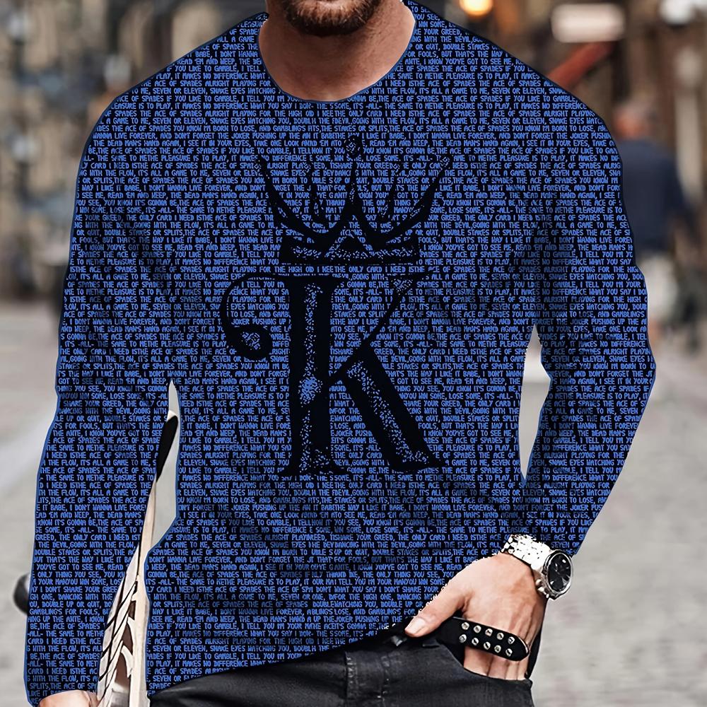 Summer Men's T-Shirt Big Size Loose Retro Short Sleeve Fashion American Poker Letter Print O Neck Long Sleeve Autumn Shirt