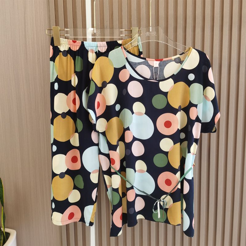 Summer Cotton Silk Pajamas Women's Suit Loose Thin Lace Up Homewear Plus Size Ladies Plus Size Artificial Cotton Short Sleeve Two-piece Set