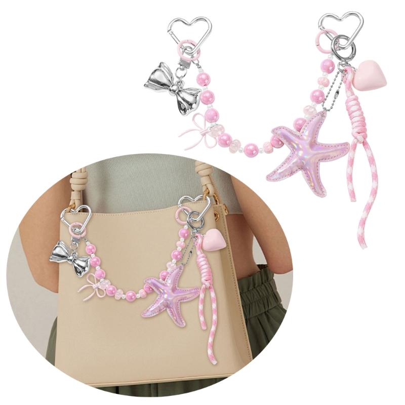 Stylish Beaded PU Leather Lace Bows Bag Charm Elegant Handbag Accessory Bags Keychain Holder For Women Girls
