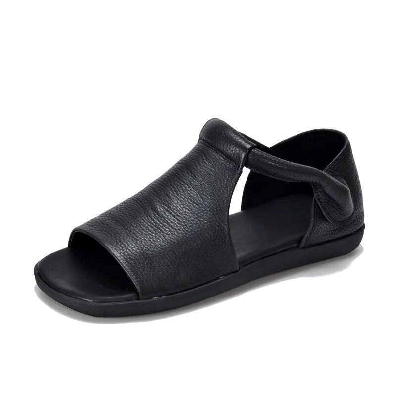 Johnature Peep Toe Flat Sandals Retro Genuine Leather Comfortable Soft Sole Versatile Women's Shoes