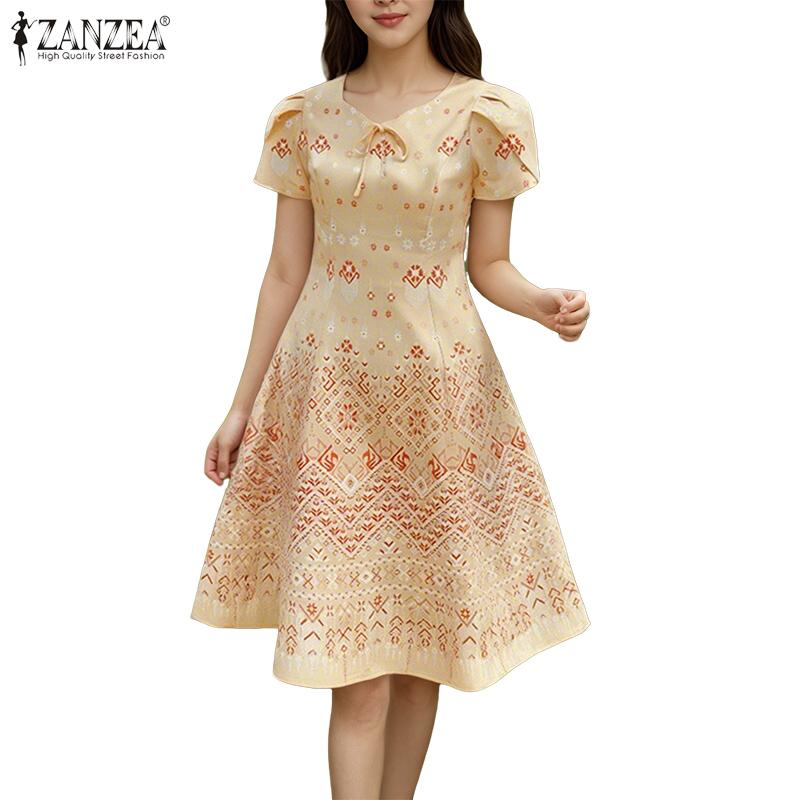 ZANZEA Vestido informal de verano con cuello redondo y manga corta estampado para mujer