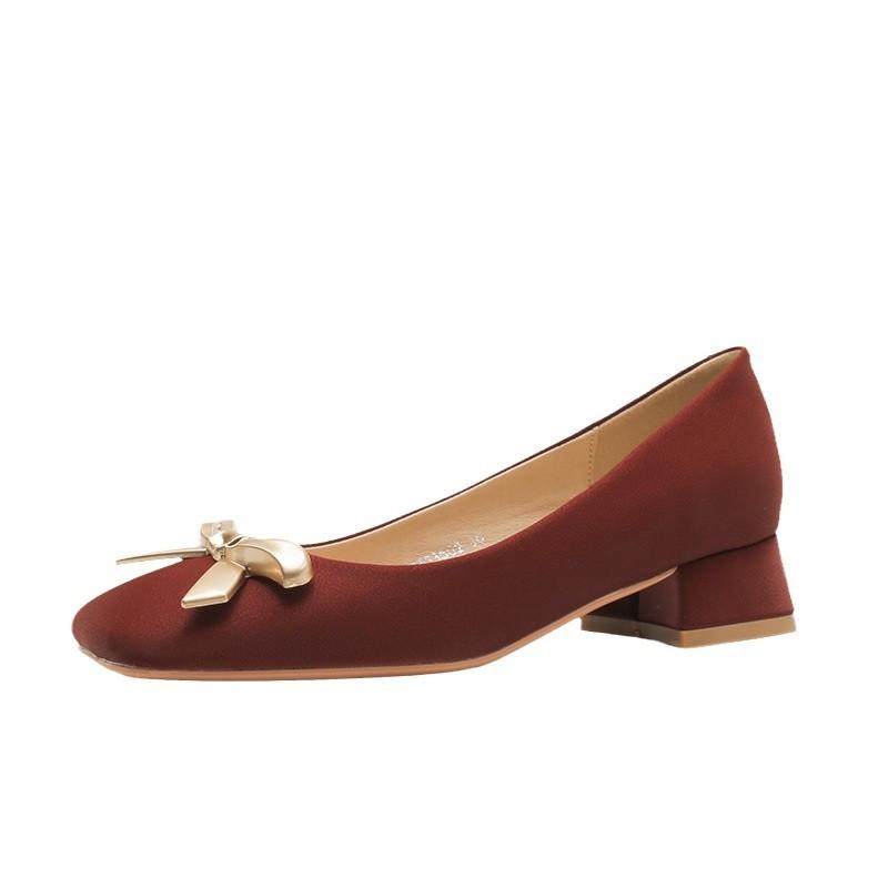 Square head thick heel temperament bow high heel versatile women's casual shoes middle heel comfortable women's shoes