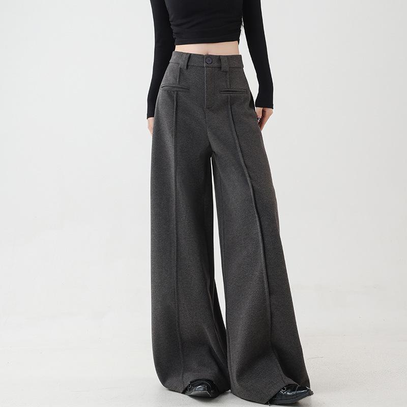 

High-Quality Wool Blend High-Waisted Wide-Leg Slimming Pants for Autumn/Winter L темно-серого
