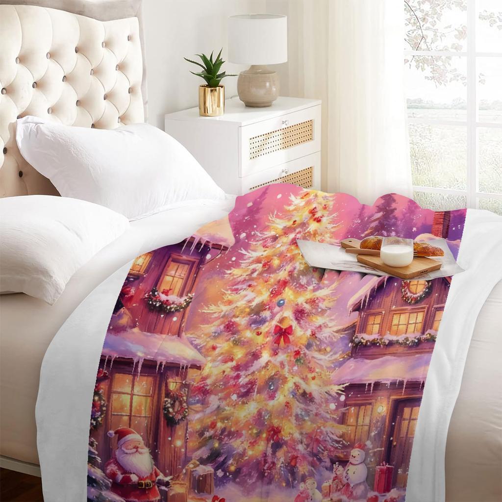 1pc Pink Blanket Marry Christmas Tree 3D Print Smooth Flannel Blanket for Home Living Room Bedroom Decor New Year Christmas Gift