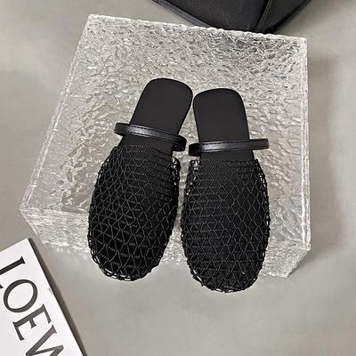 Summer New Baotou Slippers Women's Square Head Hollow Mesh Cloth Soft Sole Anti-slip Wear-resistant Flat Shoes