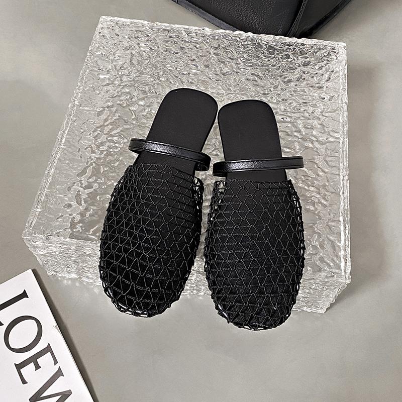 

Summer New Baotou Slippers Women s Square Head Hollow Mesh Cloth Soft Sole Anti-slip Wear-resistant Flat Shoes 42 чёрный