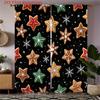 2D Flat   2pcs Christmas Curtains - Star Shaped Cookies & Snowflake Pattern Black Background   Semi-Transparent Flannel Fabric