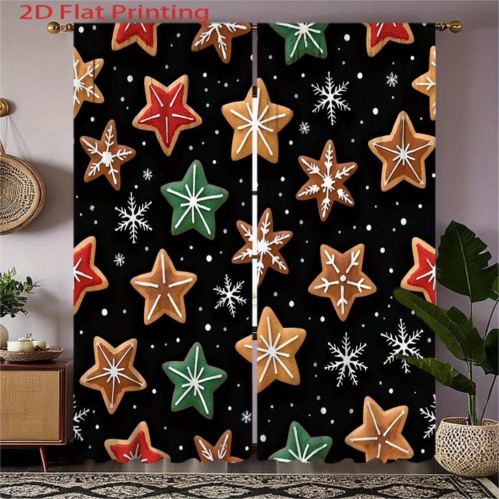 

Set Of 2 Flat Christmas Curtains Star Shaped Cookies Snowflake Pattern Black Background Semi Transparent Polyester Fabric Made W100*H70(CM)-Grommet top&2PCS