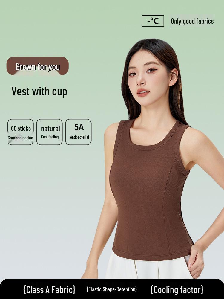 Women's Cooling Wide-Shoulder Tank Top with Chest Pad, Antibacterial Tencel Cotton, Summer Innerwear