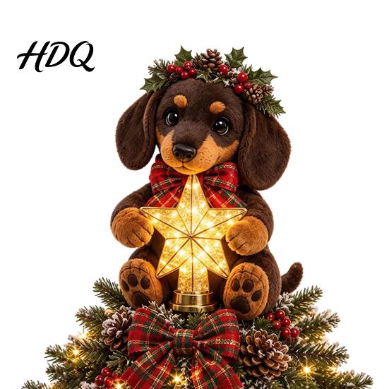 Cute Puppy Ornament Dog Christmas Tree Topper with Light Warm LED Star Plush Decoration Universal Base for Pet Lover Unique