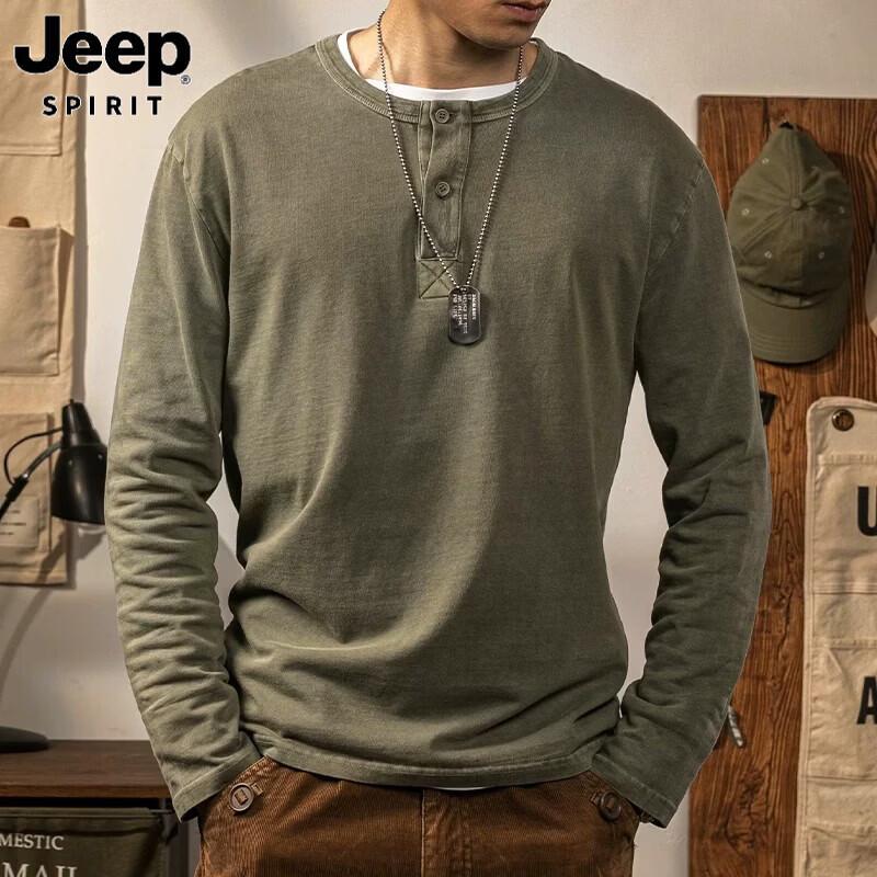 JEEP SPIRIT Men's Long-Sleeve Henley Cotton T-Shirt