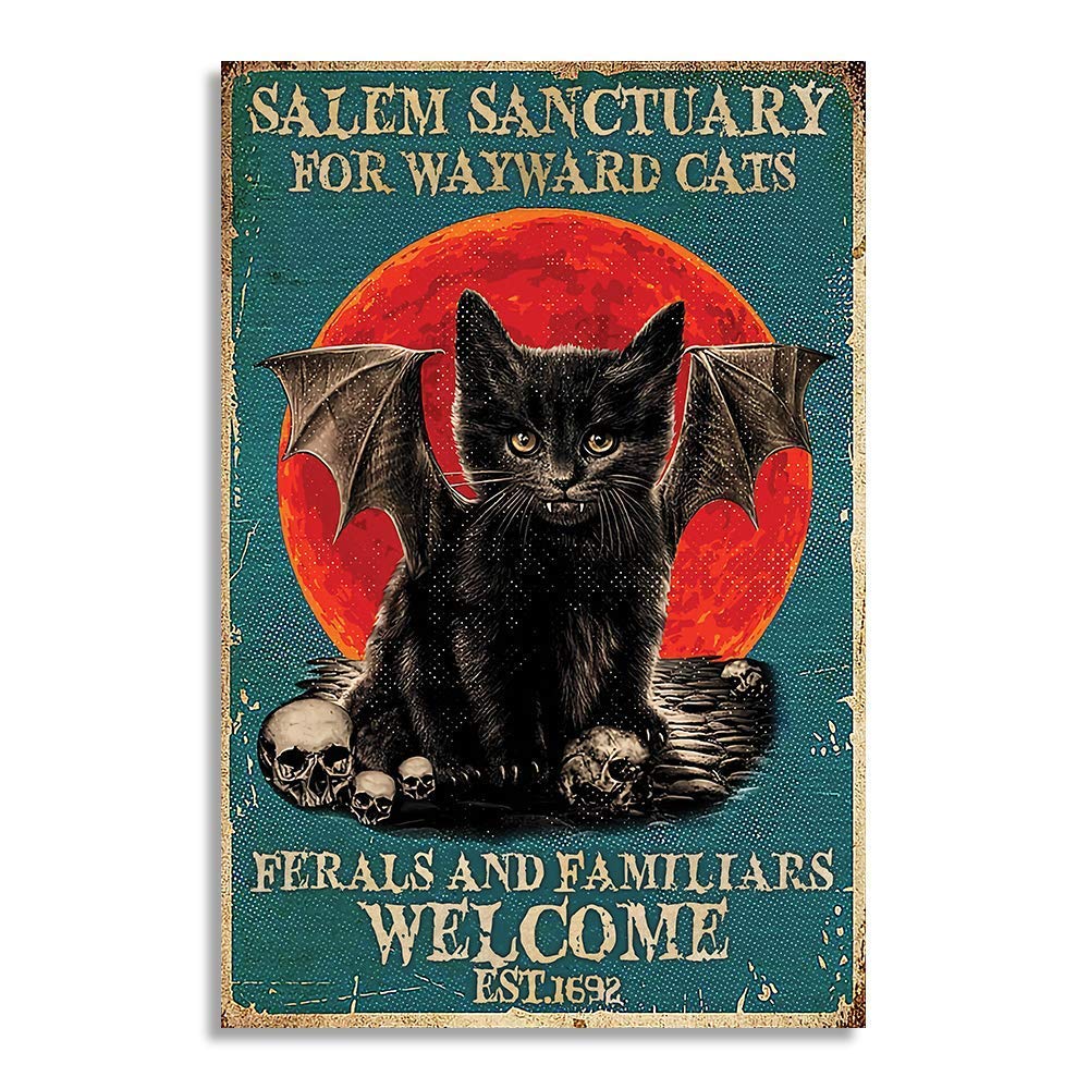 Classic Salem Sanctuary for Wayward Cats Ferals and Familiars Cat Retro Metal Tin Sign Vintage Sign for Home Coffee Wall Deco 20x30cm(7.8x11.8inch)