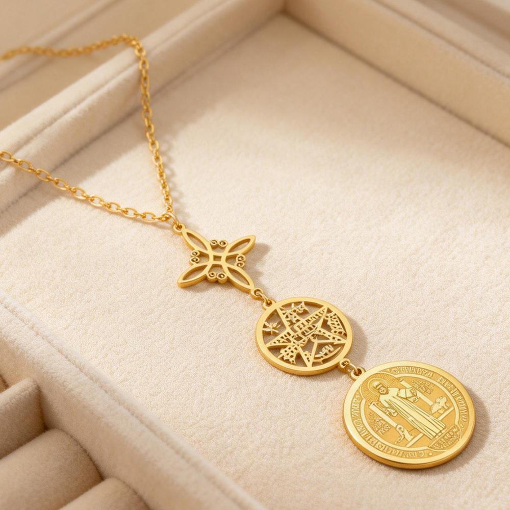 Náhrdelník trojité ochrany s čarodějnickým uzlem Pentagramem Tetragrammatonem Svatým. Benedikt nerezová ocel duchovní symbol amulet šperk
