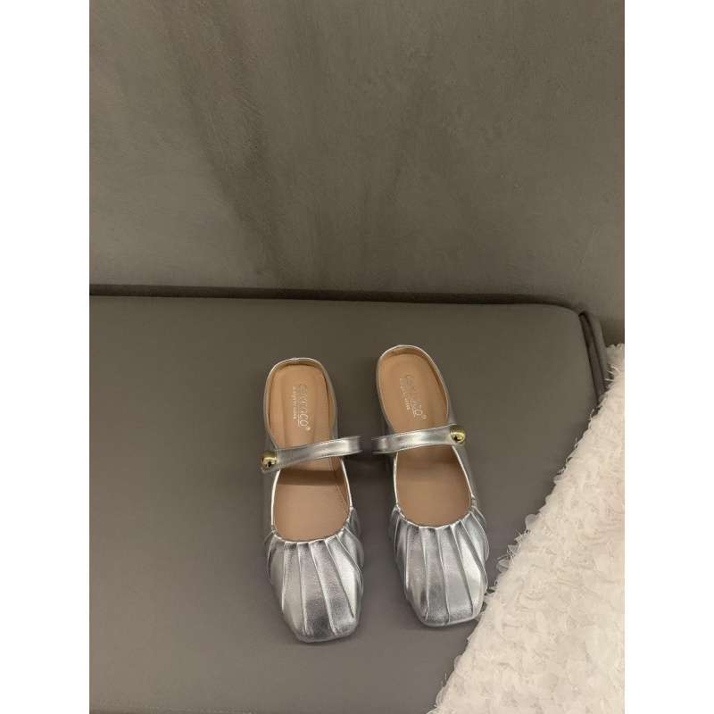 Silver Flat-bottomed Bag Head Half Slippers Outer Wear 2025 Summer New Mother Mary Jane Muller Women Sandals Single Shoes