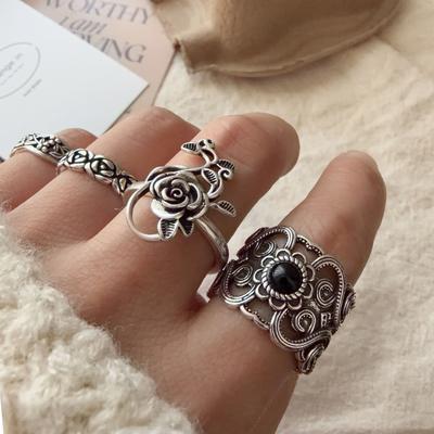 Copper Rings For Women Geometric Fine Jewelry Finger Adjustable Vintage Flower Stone Ring For Party Birthday Gift